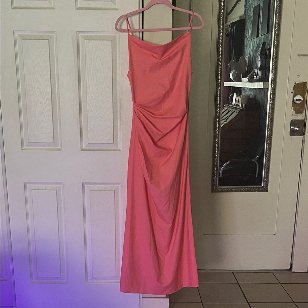 SLEEVELESS LINEN FLOOR LENGTH EVENING DRESS GOWN COWL NECK ORANGE FORMAL SIZE 4